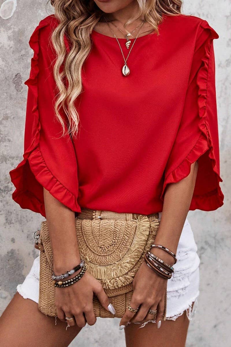 CWTBLS2263_LACE TRIM CREW NECK 3/4 SLEEVE ASYMMETRICAL TOP