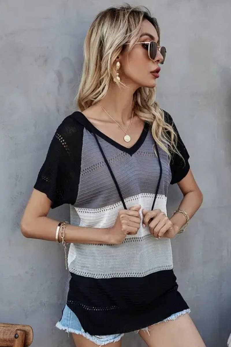 CWTTS1304_SPRING AND SUMMER STRIPED HOODED T-SHIRT