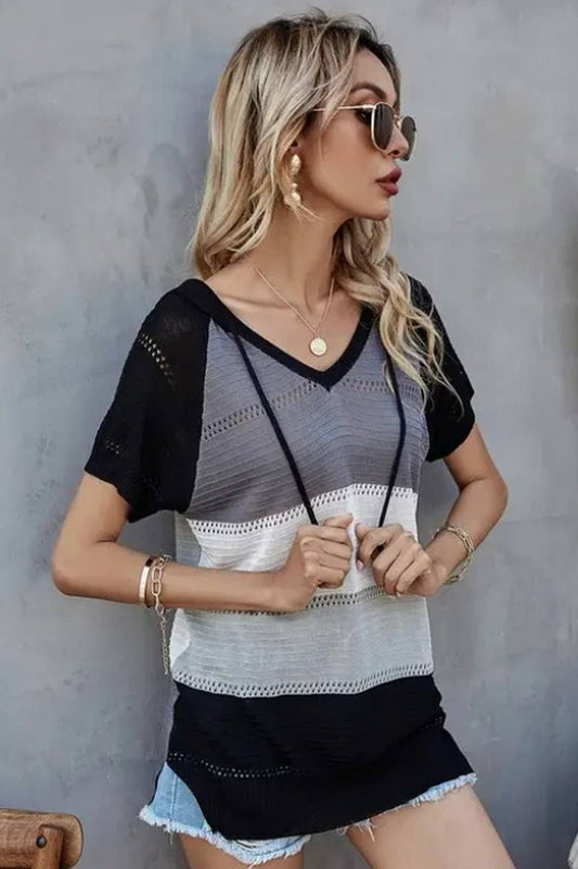 CWTTS1304_SPRING AND SUMMER STRIPED HOODED T-SHIRT