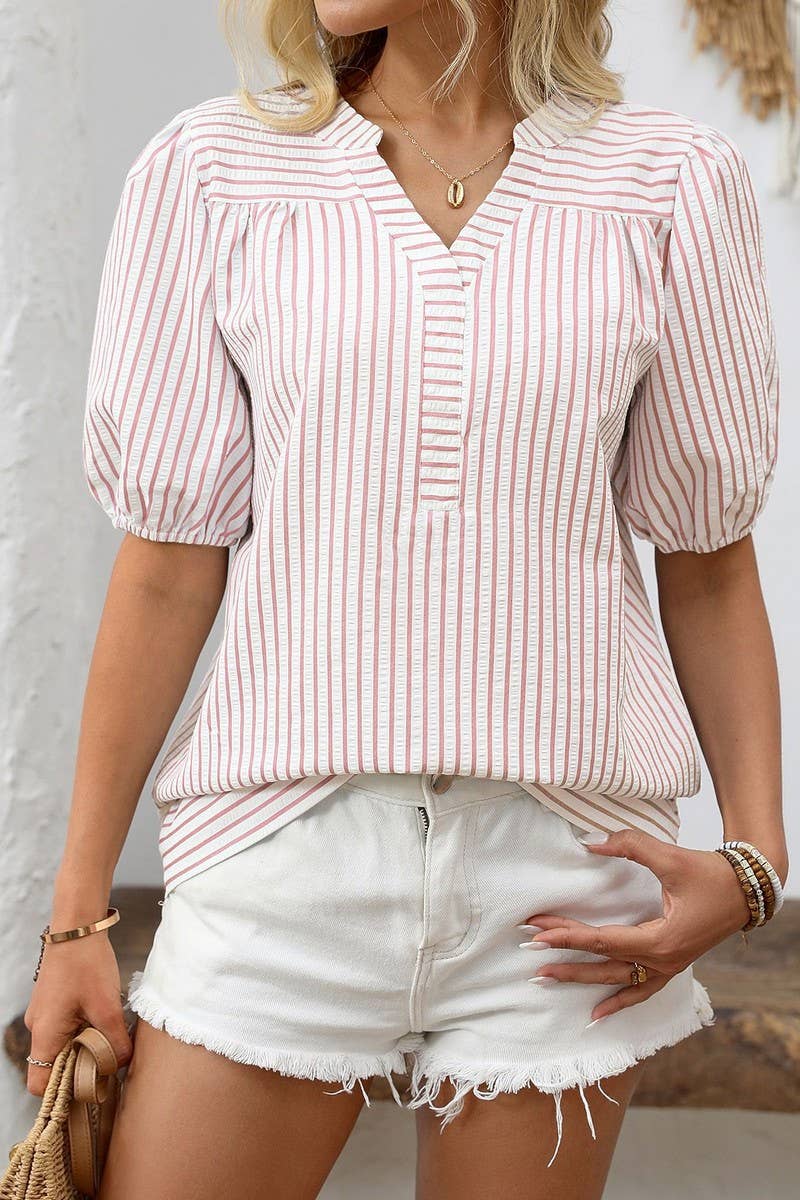 CWTBLS1814_SUMMER V-NECK PUFF SLEEVE STRIPED SHIRT