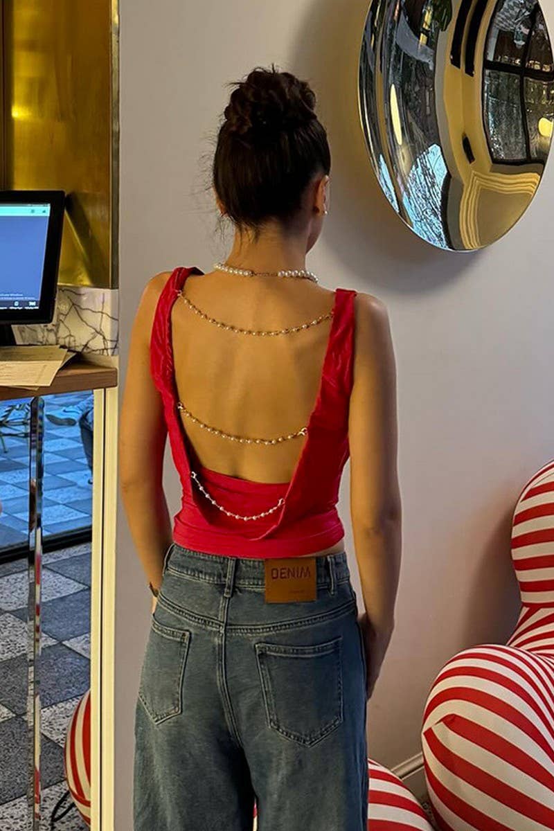 CWTTK0880_CHAIN STRAP BACKLESS RUCHED CROP TOP