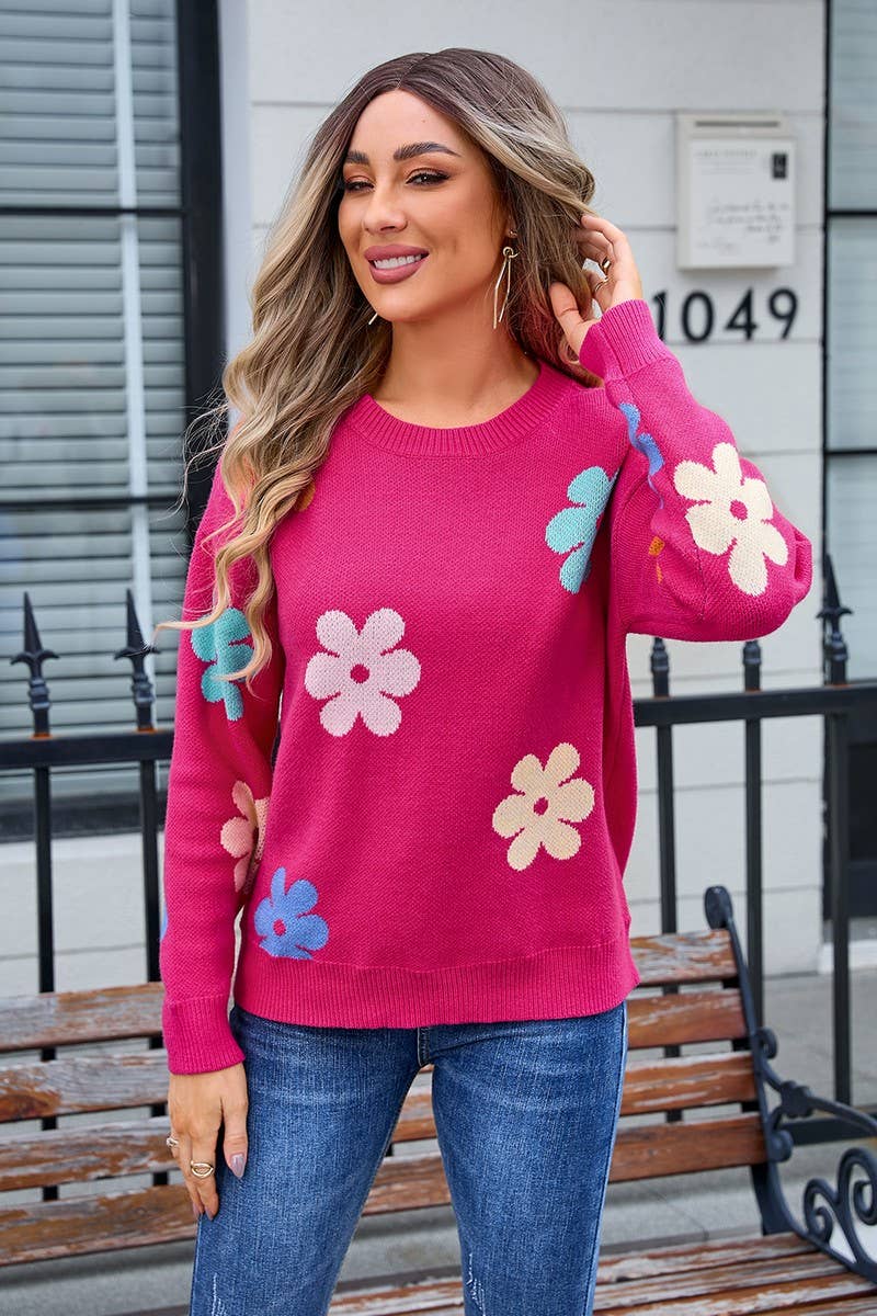 CWOSWL3074_FLORAL COLORBLOCK CASUAL CREWNECK SWEATER
