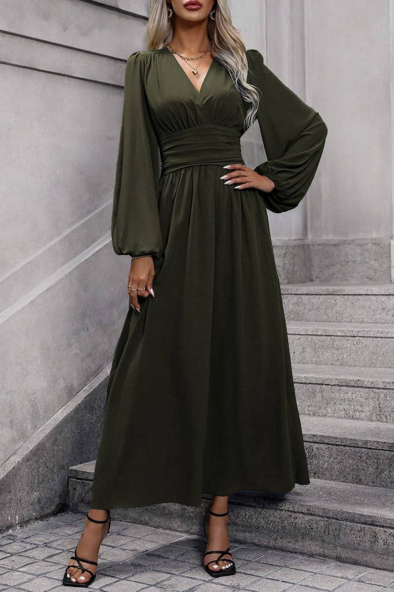 CWDMD3950_V-NECK LANTERN SLEEVES HIGH SLIT DRESS