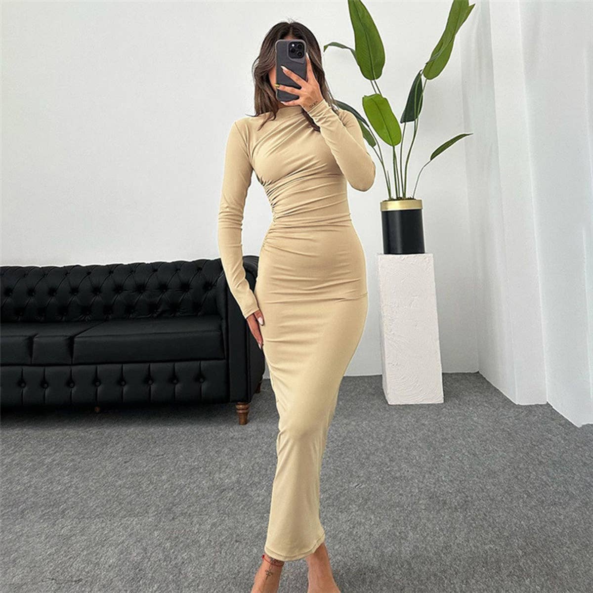 Form-fitting solid color body-hugging dress