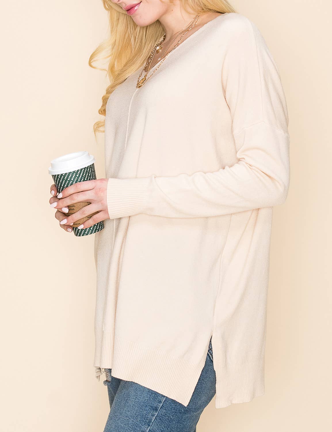 CWOSWL1826_V NECK LOOSE FIT TUNIC LENGTH SOFT SWEATER TOP