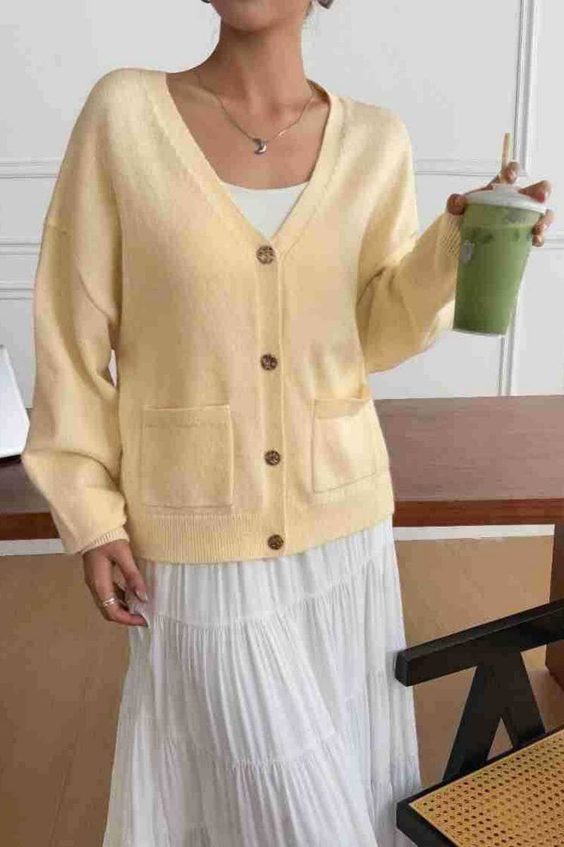 CWOCAL00771_SOLID COLOR V-NECK KNITTED CARDIGAN
