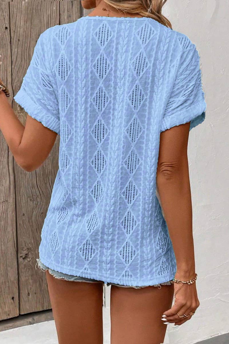 CWTBLS1794_V-NECK BUTTON-DOWN SHORT-SLEEVED TOP T-SHIRT