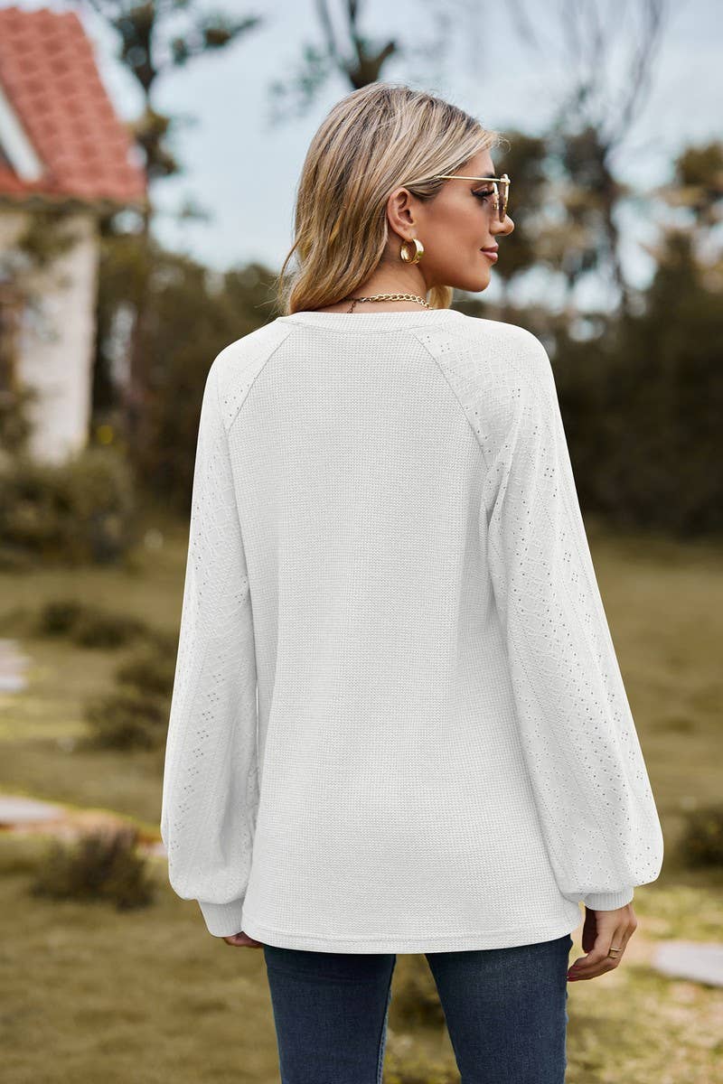 CWTBLL01313_V NECK WAFFLE KNIT SOLID LONG SLEEVE LOOSE TEE