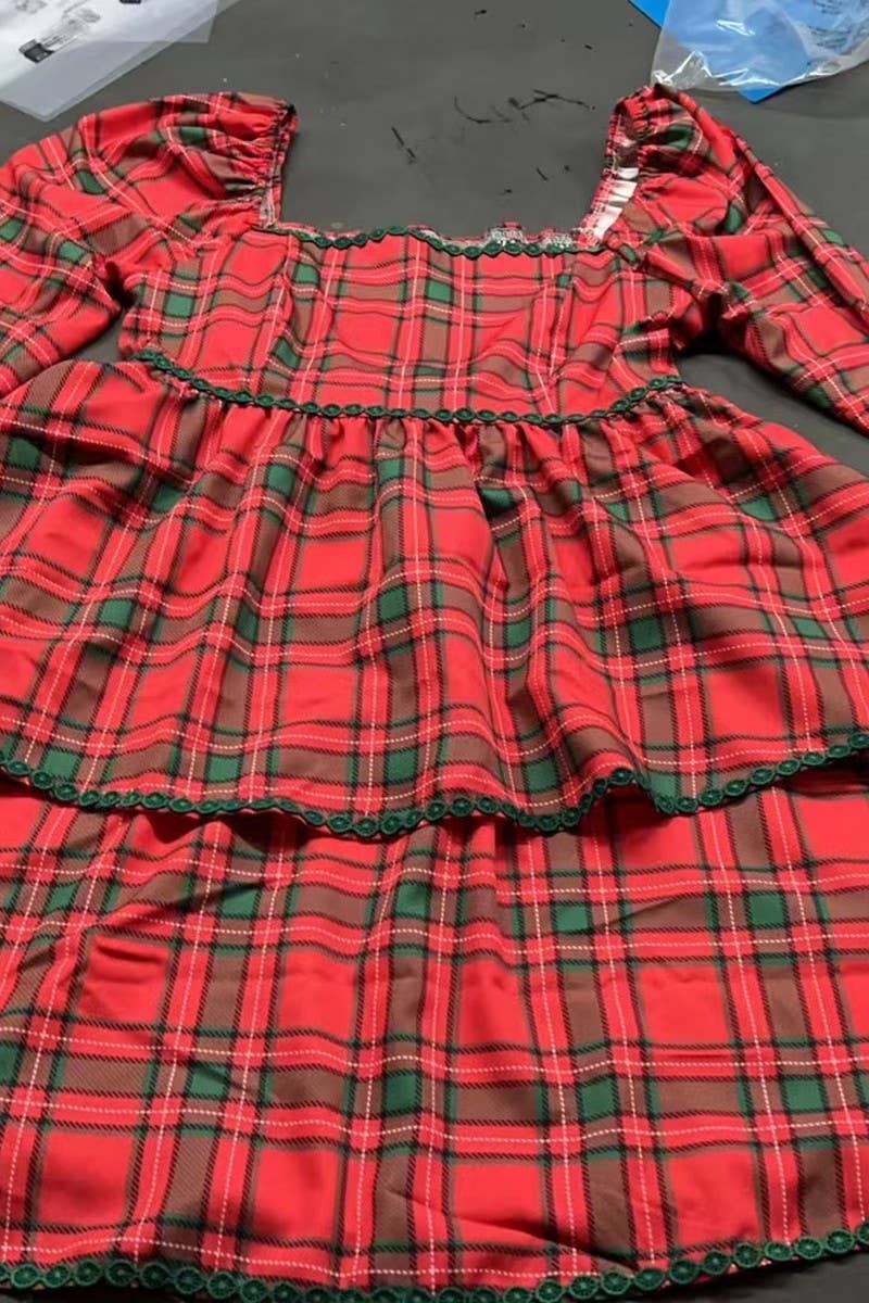 CWDSD8507_SQUARE NECK PLAID PRINT CHRISTMAS DRESS