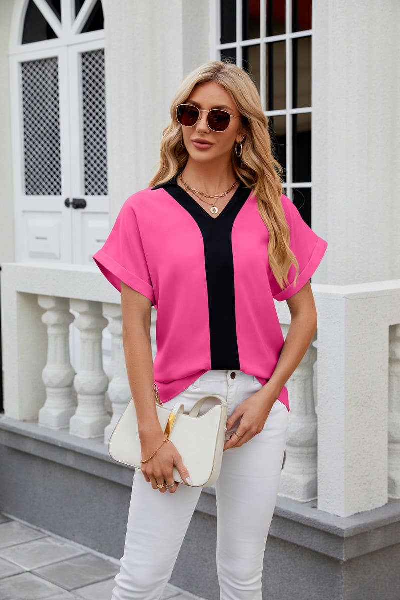 CWTBLS0440_V-Neck Short Sleeve Blouse