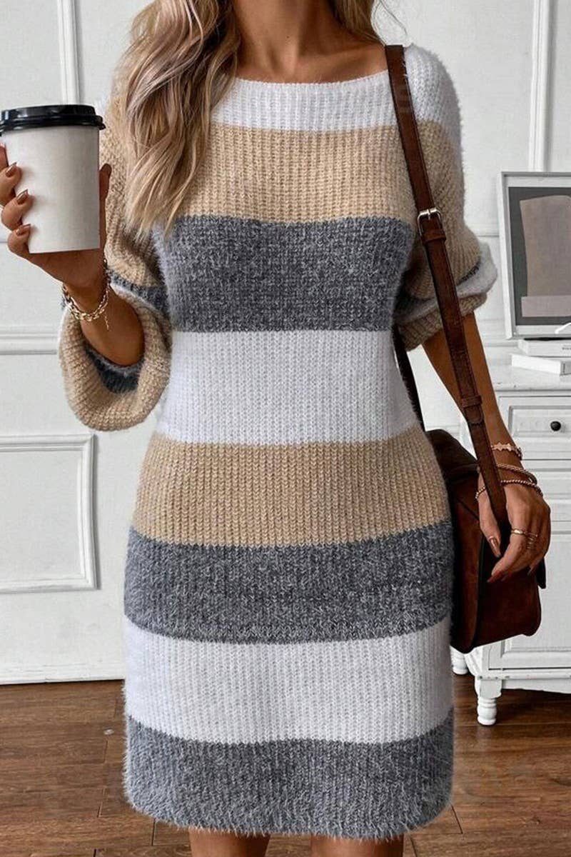 CWDSD10880_ROUND NECK COLORBLOCK STRIPED KNIT DRESS