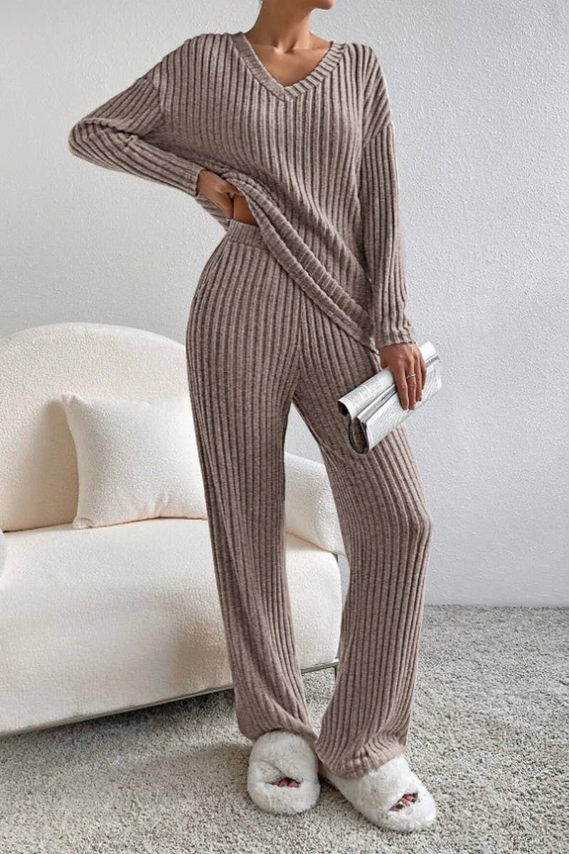 CWSTB00462_RIBBED KNIT V NECK TOP AND STRAIGHT PANTS SET