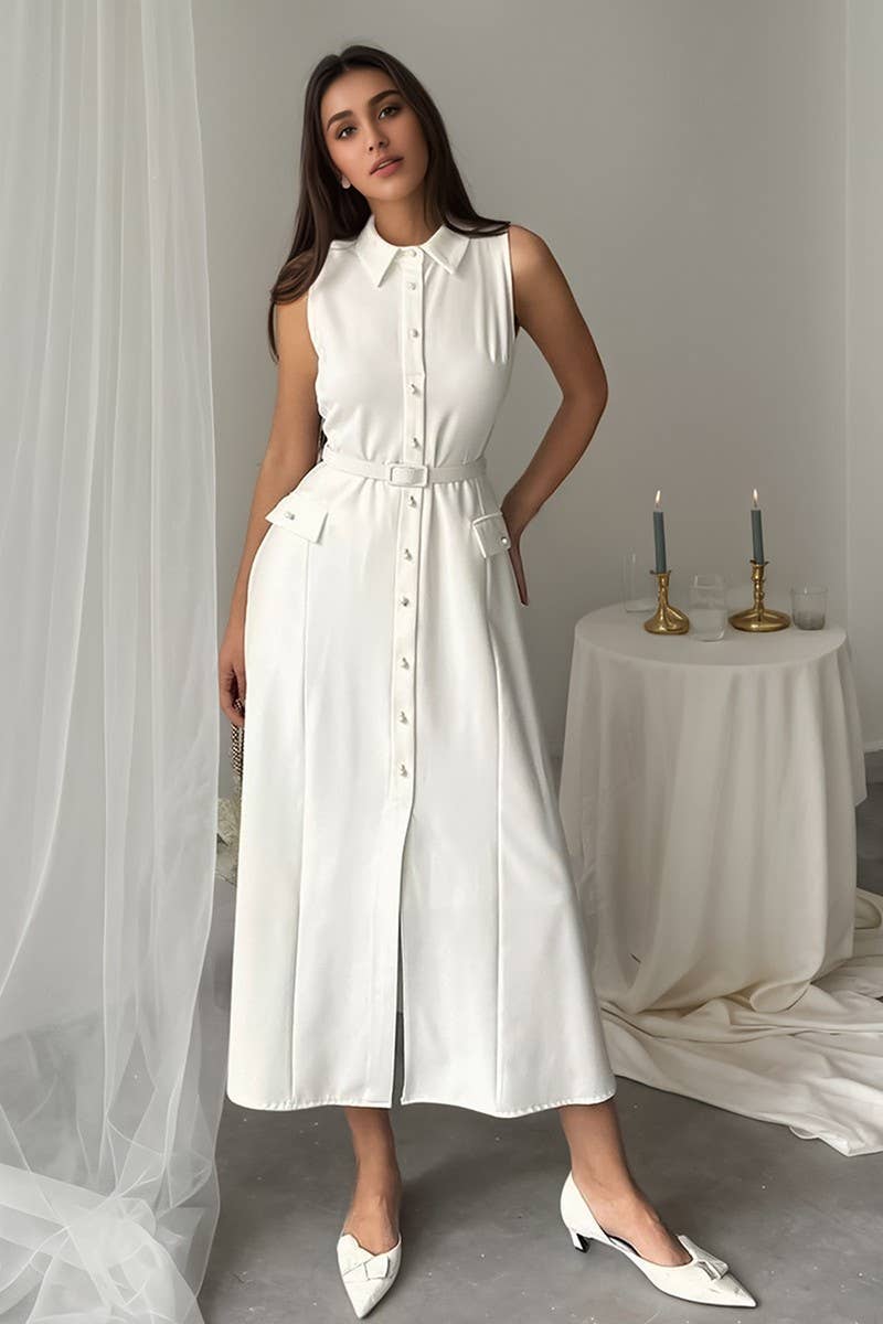 CWDMD6424_SLEEVELESS BELTED PEARL BUTTON SPLIT MIDI DRESS