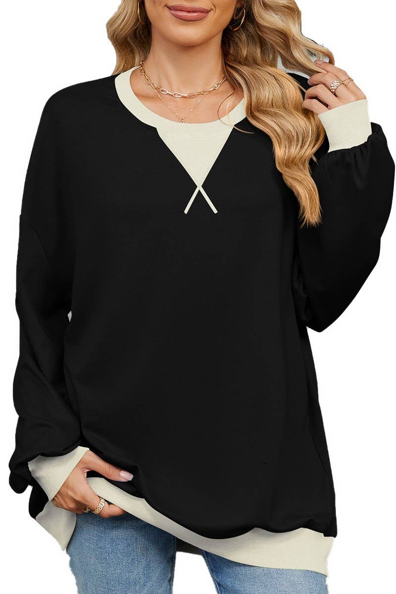 CWTBLL3743_AUTUMN AND WINTER CONTRAST COLOR LOOSE SWEATSHIRT