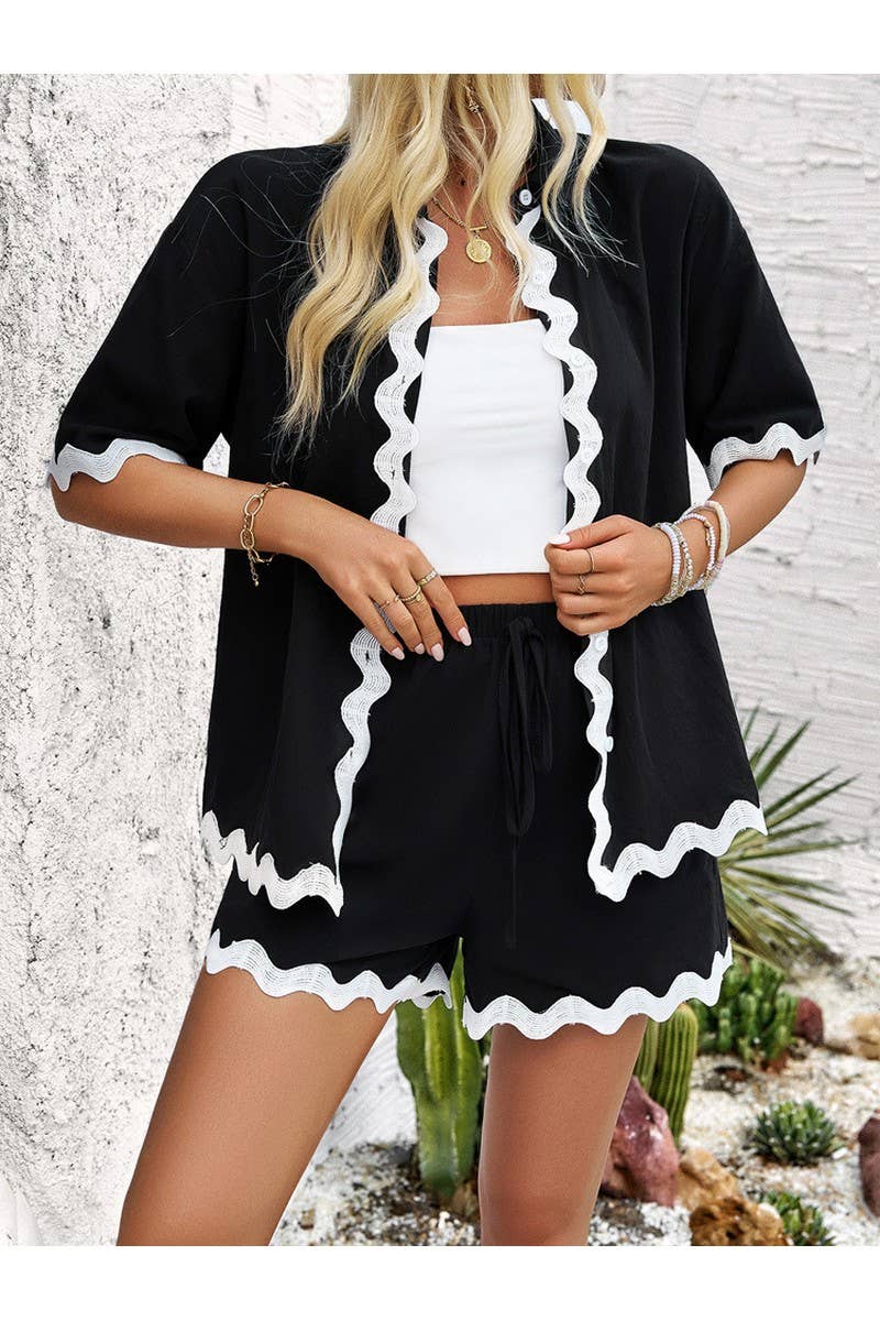 CWSTB0684_Casual Lace Shirt Shorts Set