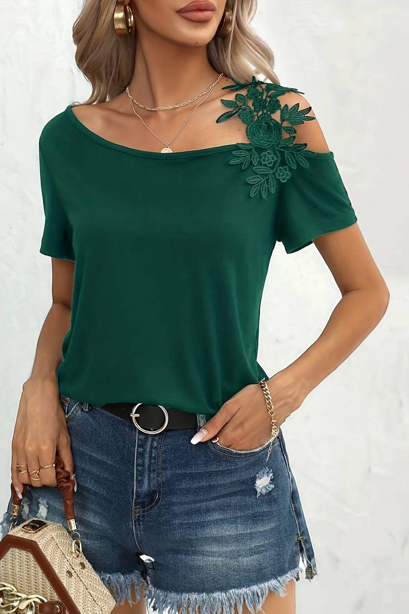 CWTBLS1538_SOLID COLOR STITCHING LACE SHORT-SLEEVED TOP