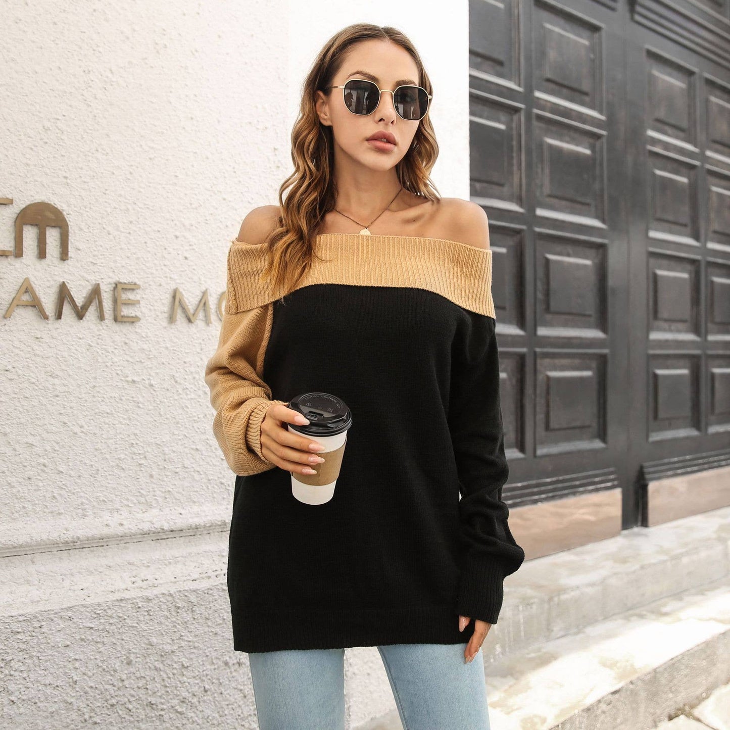DESIGN SENSE LINE NECK LOOSE SWEATER LADY