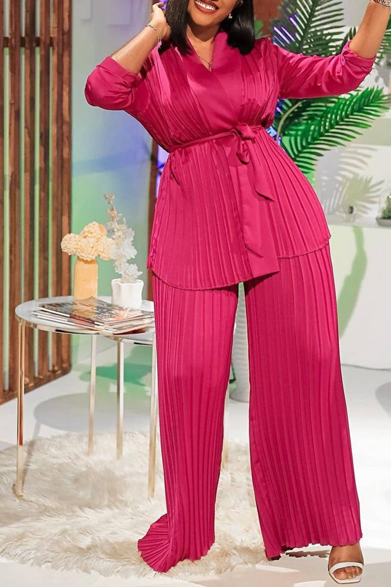 CWSTB0523_PLUS SIZE  LACE UP SHIRT  TROUSERS TWO-PIECE SET