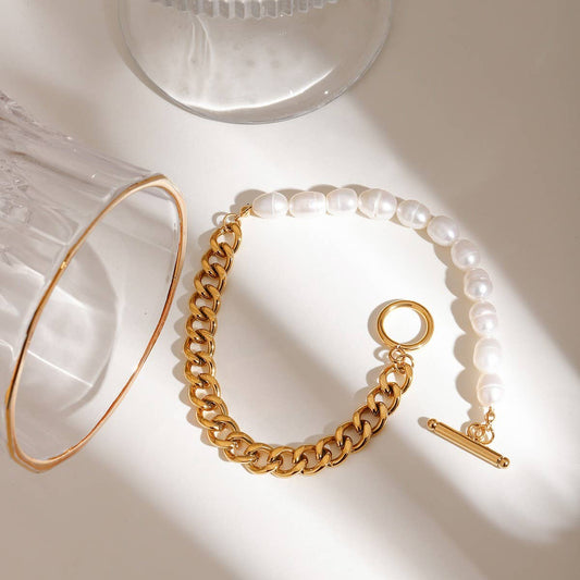 18K Gold Freshwater Pearl Cuban OT Clasp Anklet_CWAJE4853