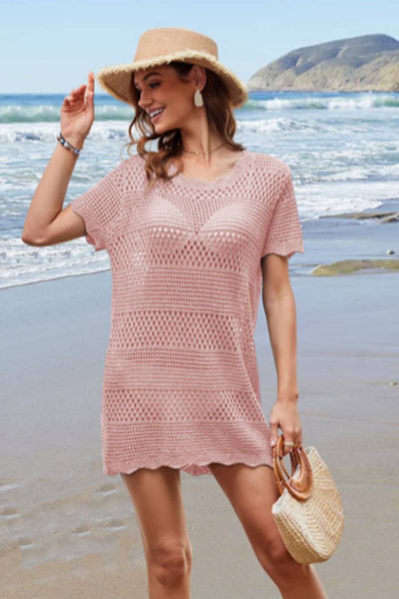 CWDSD4610_CROCHET HOLLOWED-OUT SMOCK KNIT DRESS SHORT