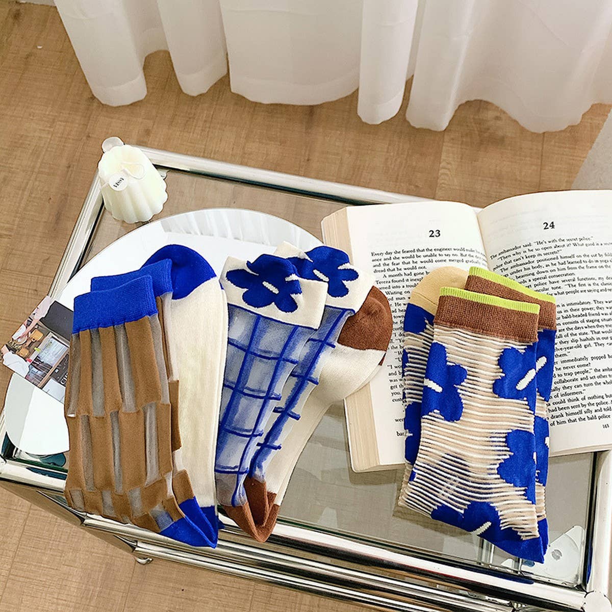 FLORAL KLEIN BLUE STRIPED GLASS STOCKINGS