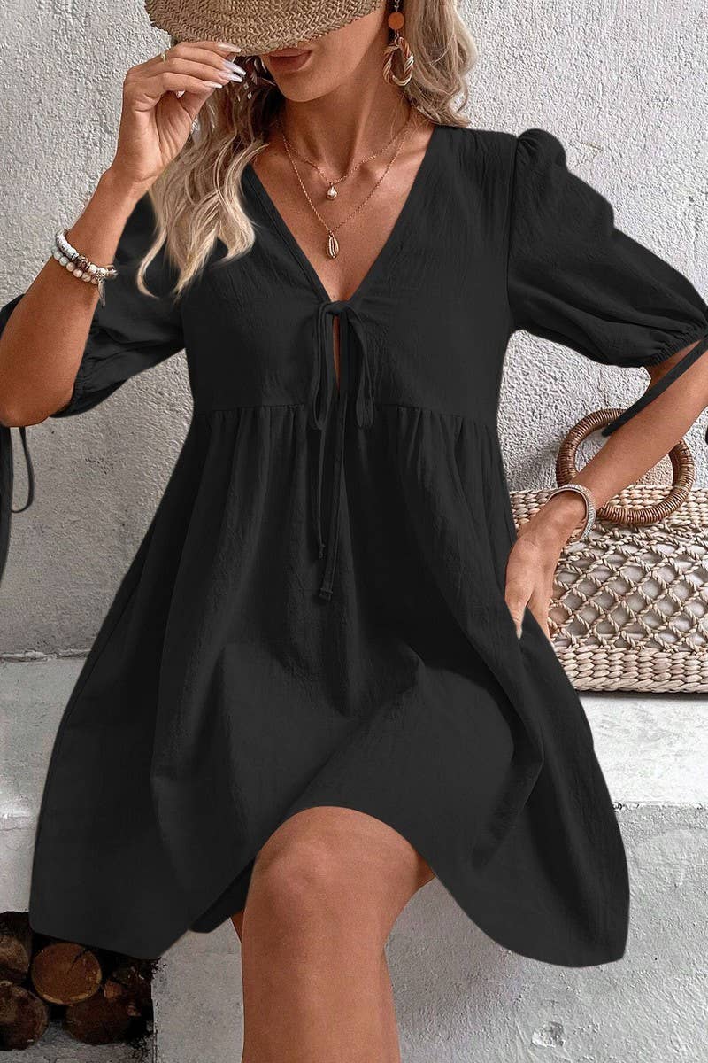 CWDSD8449_DEEP V TIE FRONT LOOSE A-LINE WOVEN DRESS