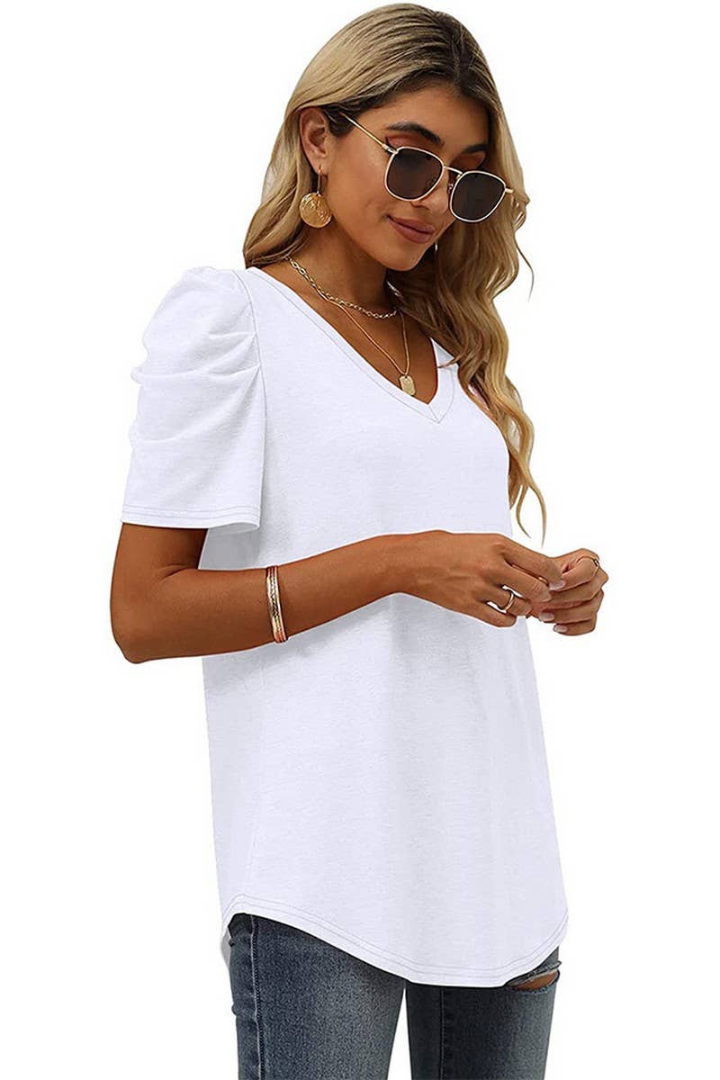 CWTTS00710_SUMMER V-NECK CASUAL SOLID COLOR TOP