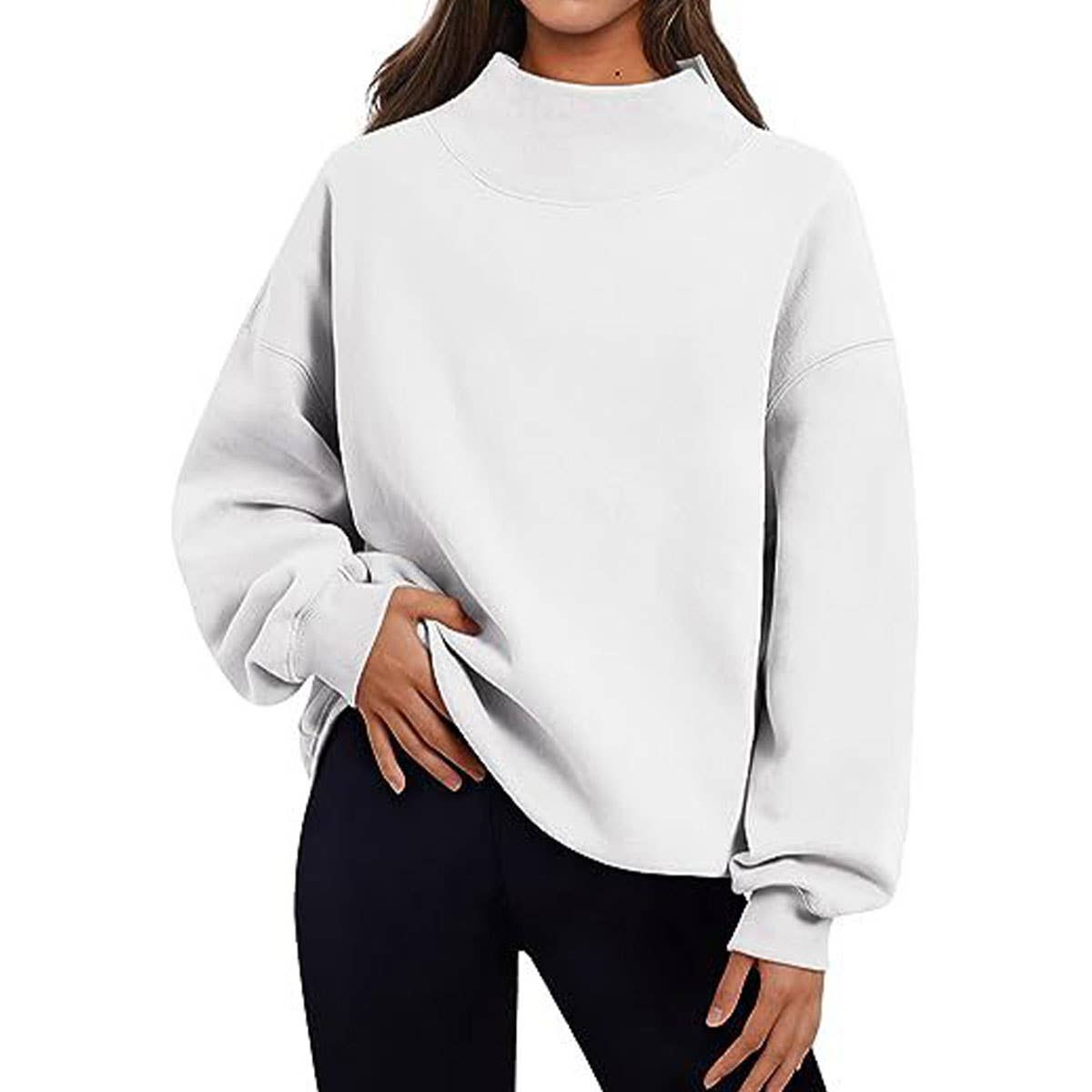 Casual half-high neck fleece hoodie with slit neckline