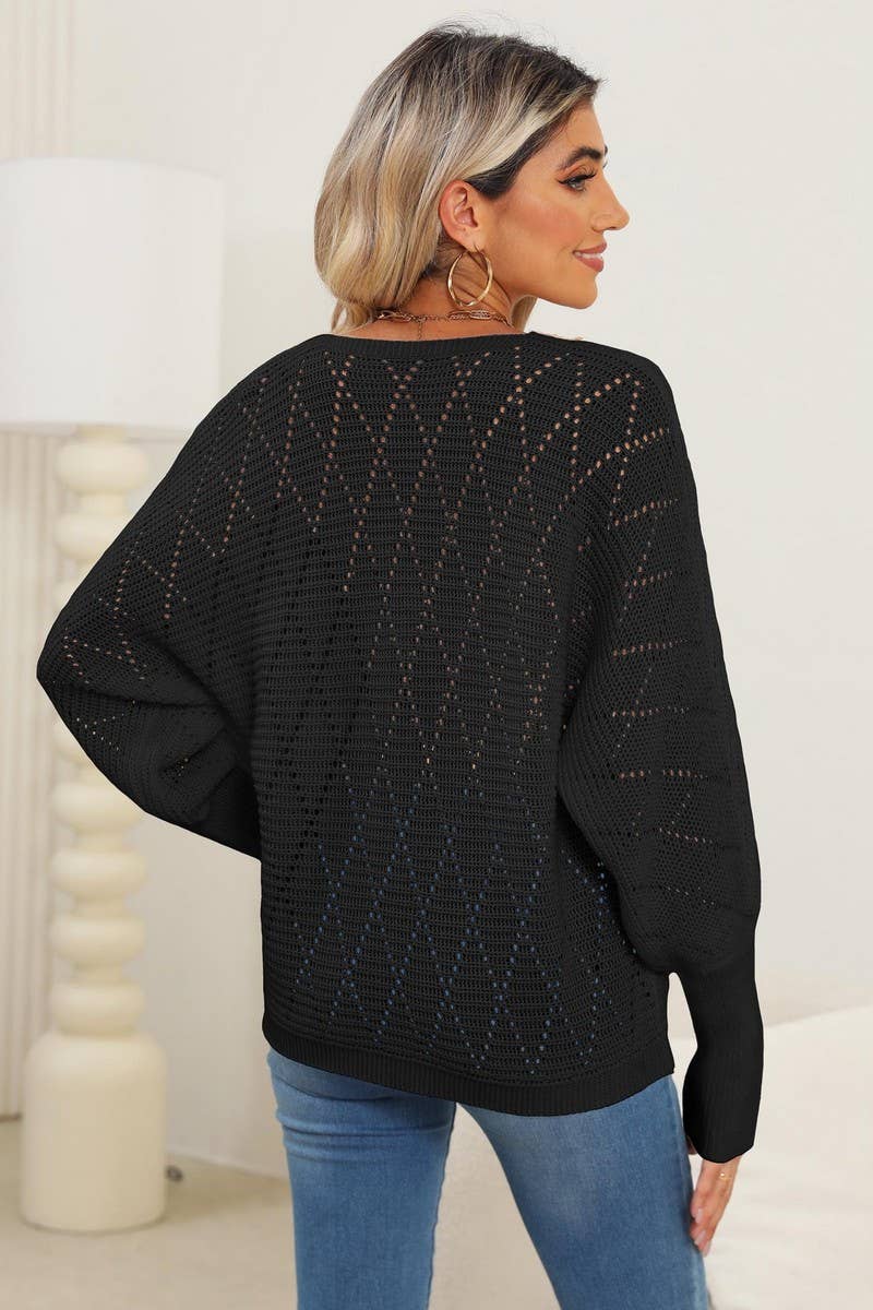 CWOSWL07411_WOMEN LACE V-NECK SLEEVE KNIT SWEATER