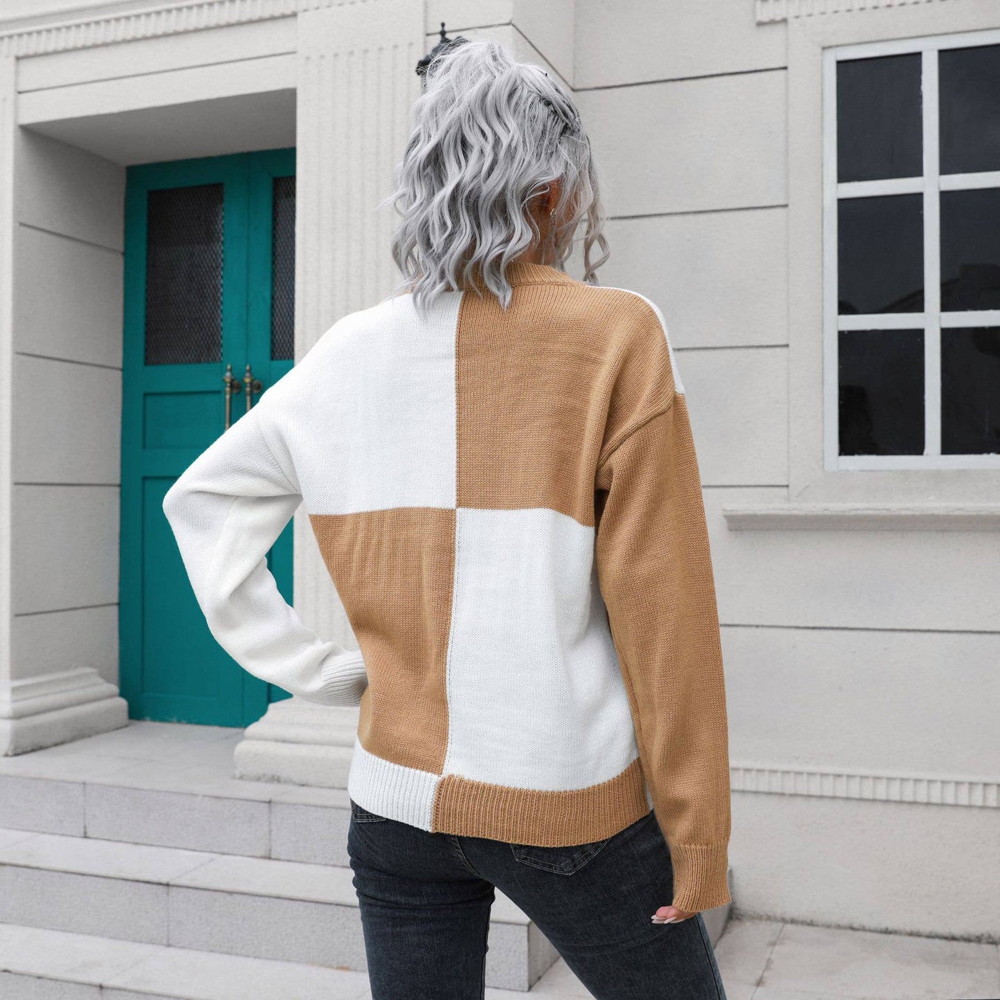 DESIGN SENSE CHECKERED LONG-SLEEVED SWEATER