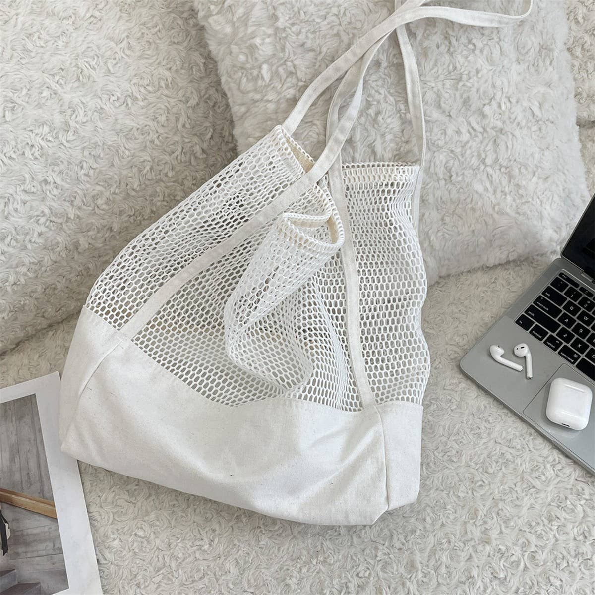 CWAB5806_SOLID COLOR HOLLOW LARGE CAPACITY MESH BEACH BAG