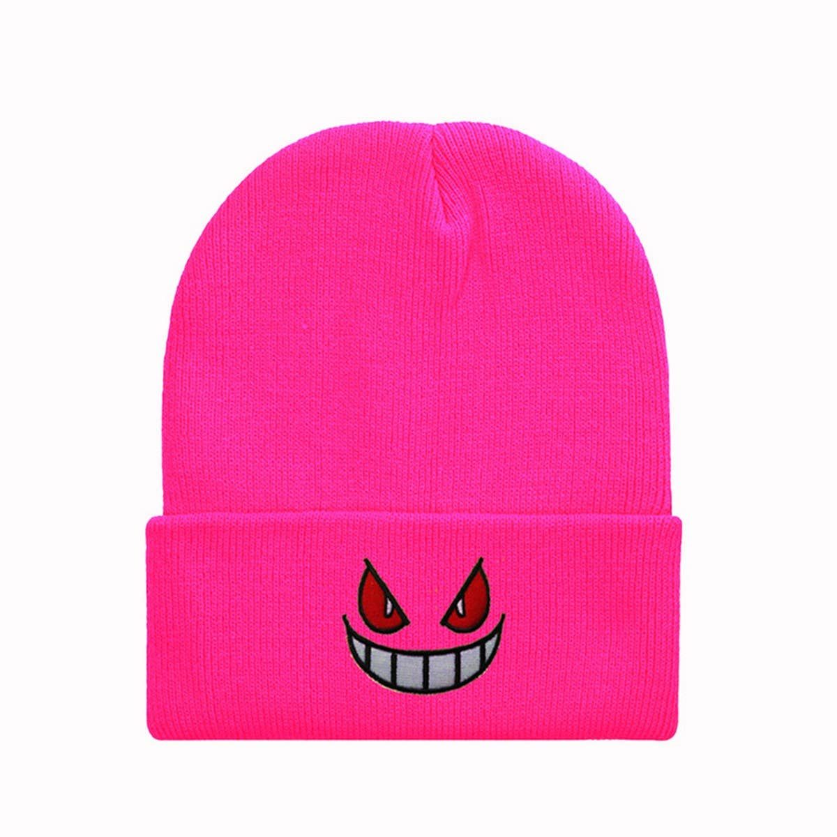 CWAH04354_EMBROIDERED CARTOON FACE KNIT BEANIE HAT