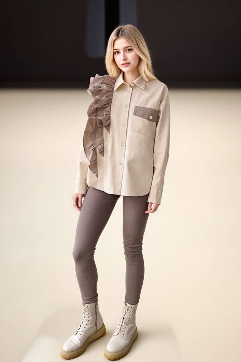 CWTBLL00578_ASYMMETRIC LOOSE CONTRAST CASUAL SHIRT