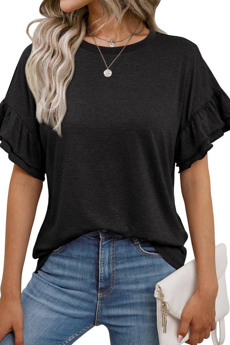 CWTBLS1620_SOLID COLOR ROUND NECK RUFFLE SLEEVE TOP