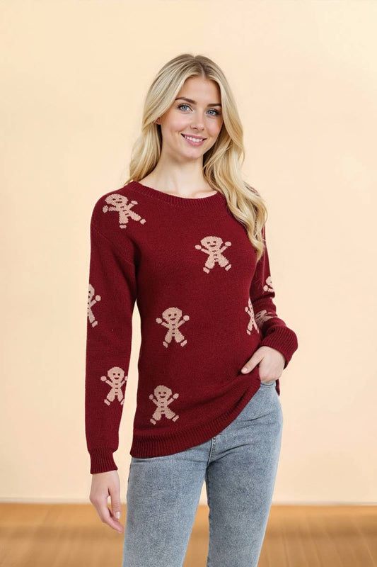 CWOSWL07366_CHRISTMAS CARTOON EMBROIDERED CREWNECK SWEATER