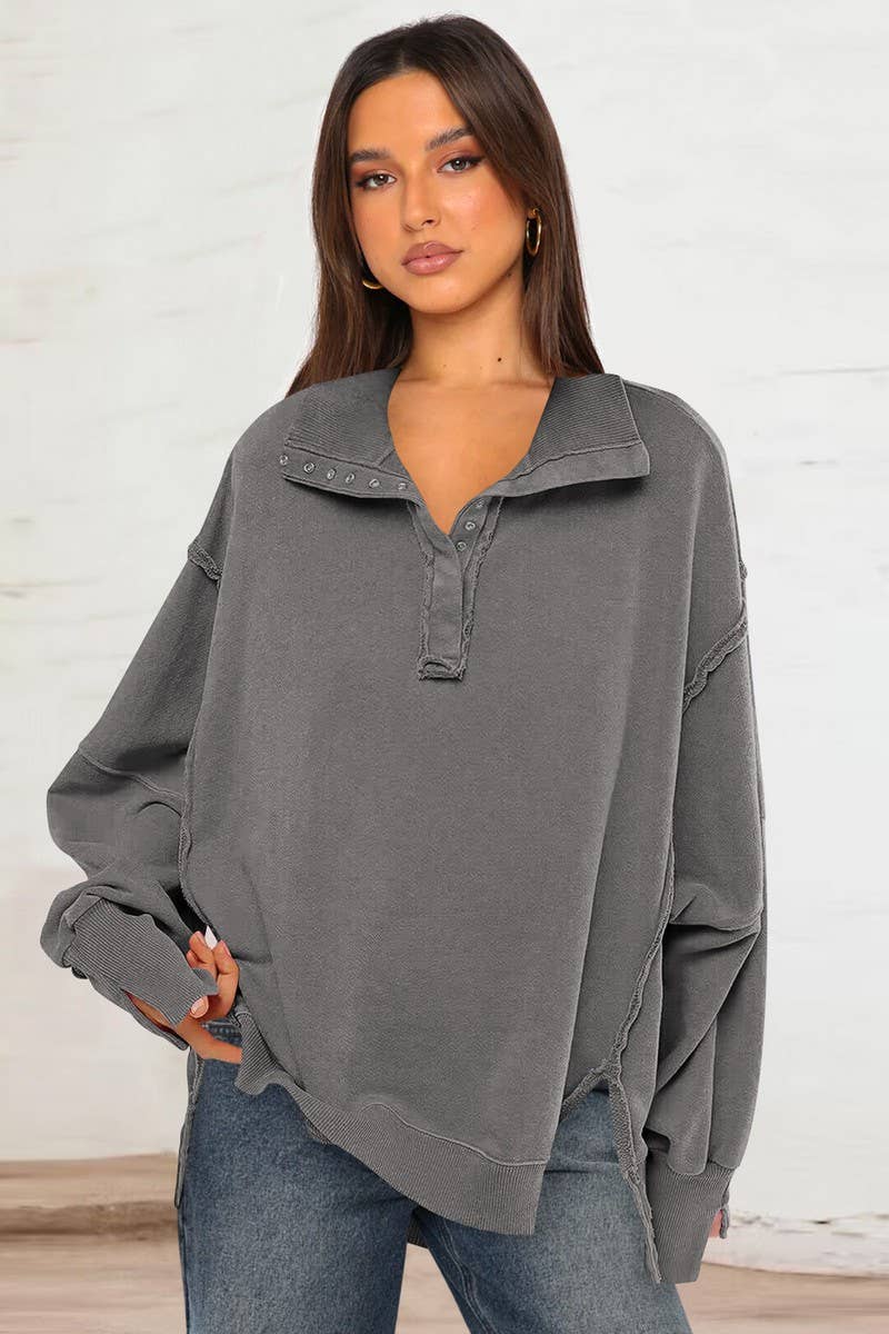 CWTBLL3993_SLIT LANTERN SLEEVE POLO COLLAR SWEATSHIRT