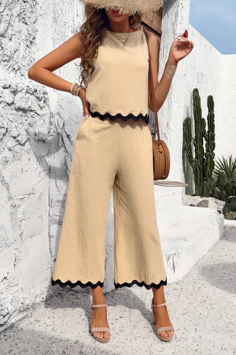 CWSTB0450_Round Neck Sleeveless Top Cropped pants Set