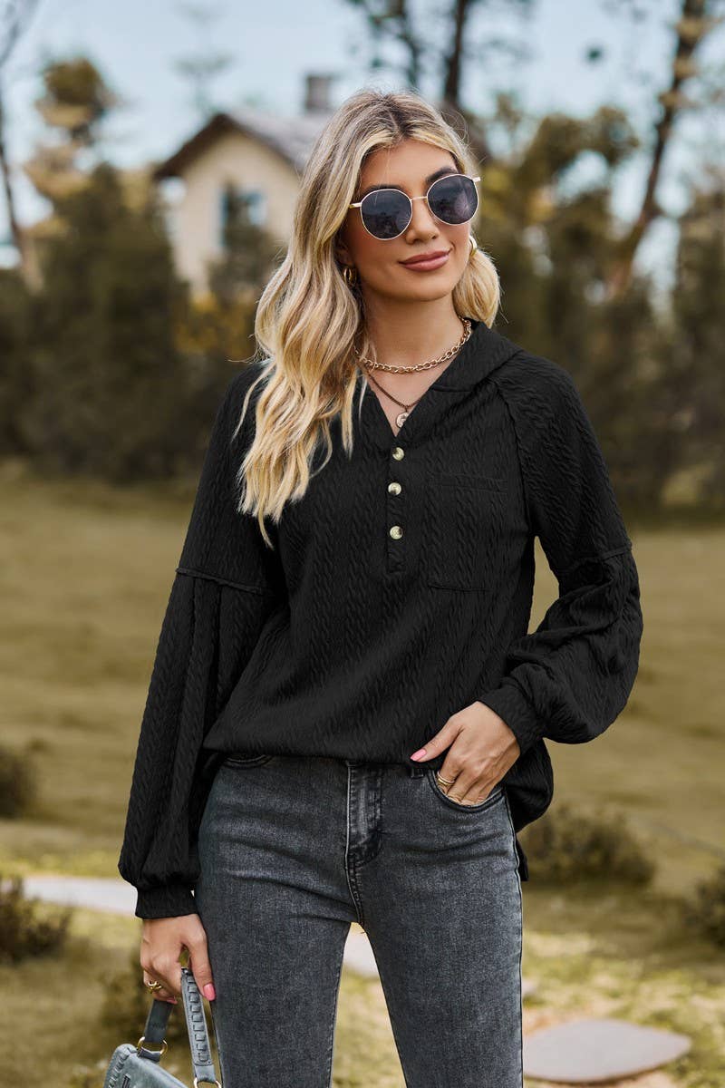 CWOHOL0738_BALLOON SLEEVE HOODED BUTTON LOOSE SWEATSHIRT