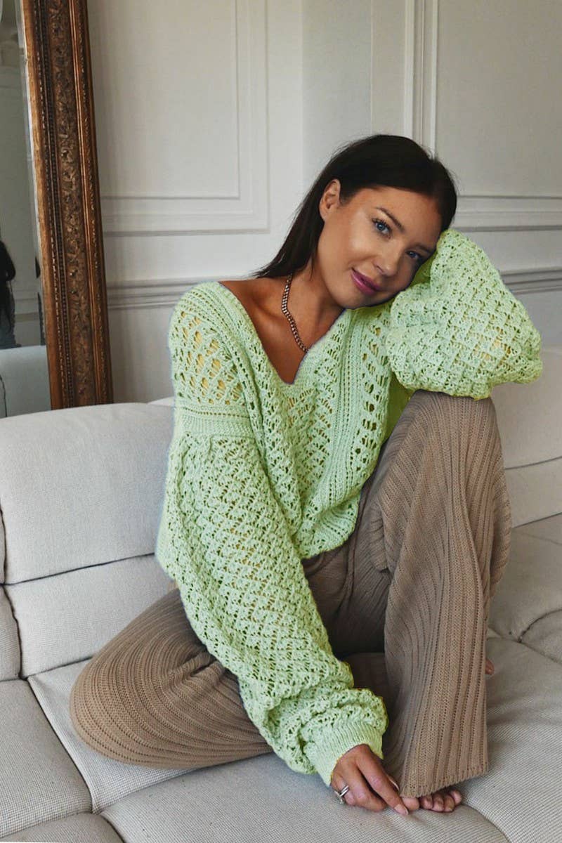 CWOSWL3168_HOLLOW V-NECK KNITTED CROCHETED SWEATER