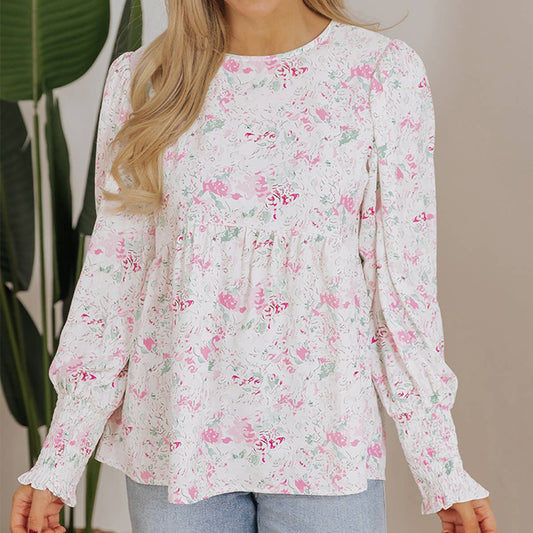 FLORAL PRINT PULLOVER ROUND NECK CHIFFON