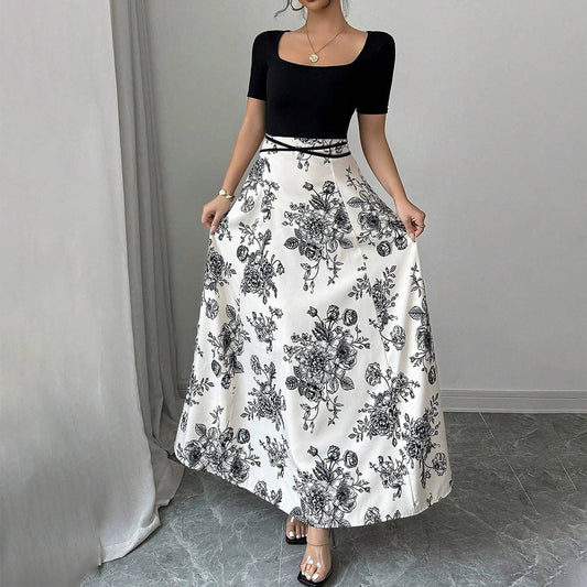 Floral print vacation style patchwork long dress