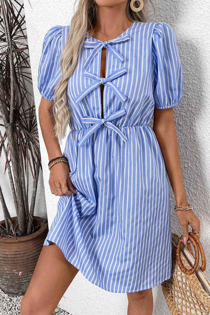 CWDSD7519_ROUND NECK BOW TIE DETAILRETRO STRIPED DRESS