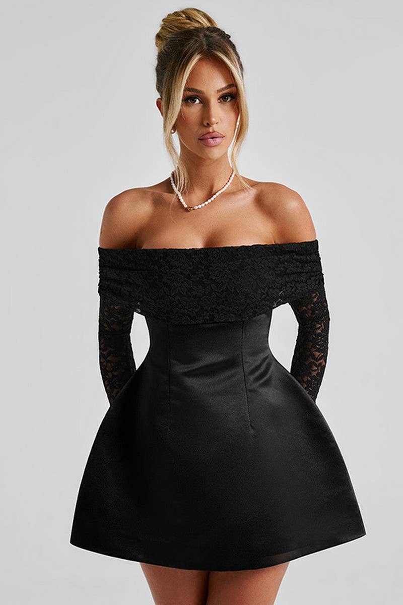 CWDTD0484_OFF SHOULDER LACE PATCHWORK A-LINE DRESS