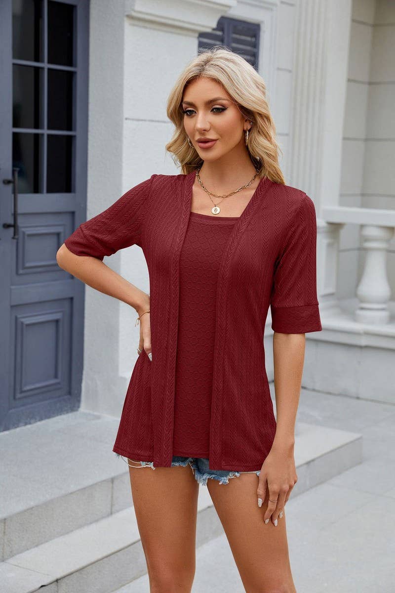 CWTBLS0441_Short Sleeve Tops Fake Two Pieces Pullover Blouse