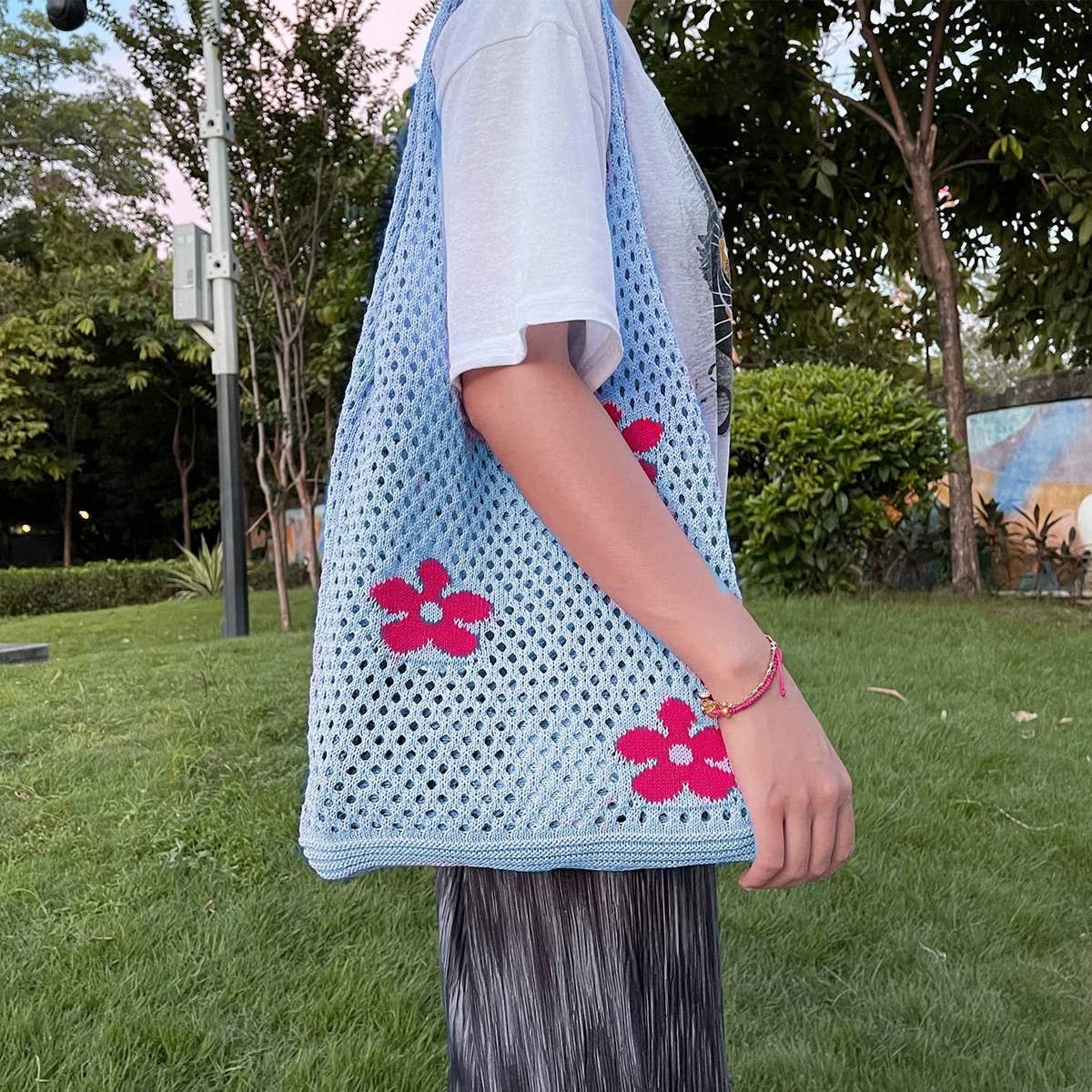 CWAB5060_FLOWER KNITTED MESH HOLLOW SHOULDER BAG