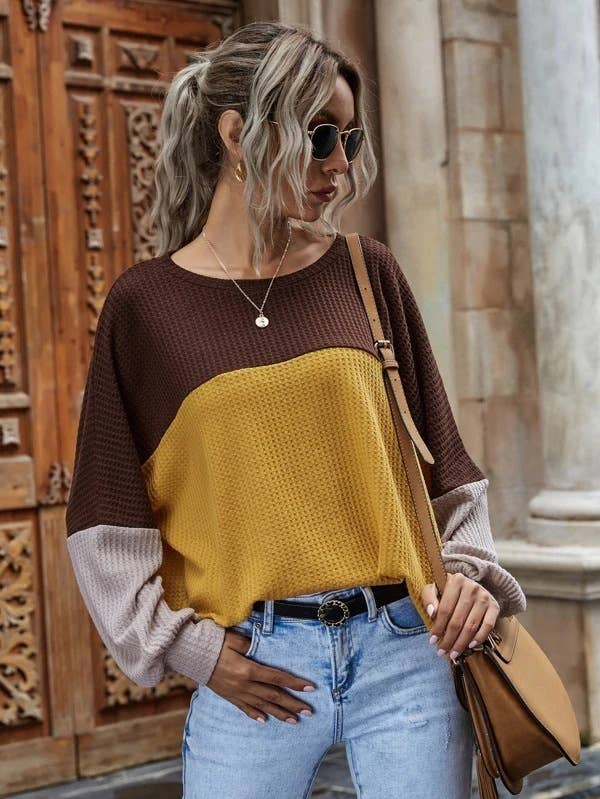 COLOR CONTRAST PATCHWORK LONG-SLEEVED CASUAL TOP