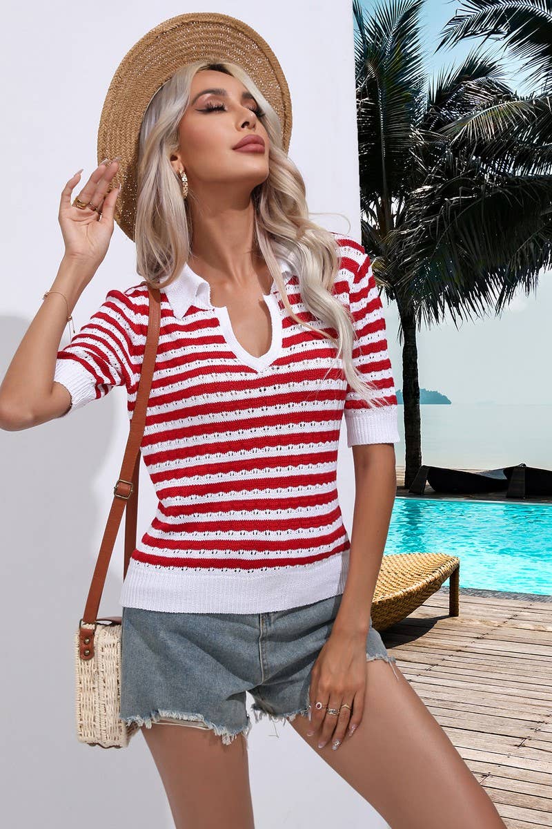 CWOSWS0061_Casual V-Neck Short Sleeve Pullover Sweater