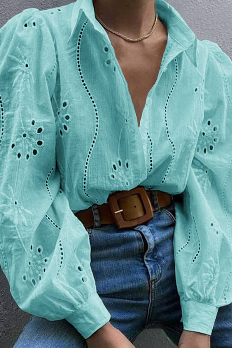 CWTSTL01000_CASUAL LOOSE HOLLOW OUT PUFF SLEEVE  TOP