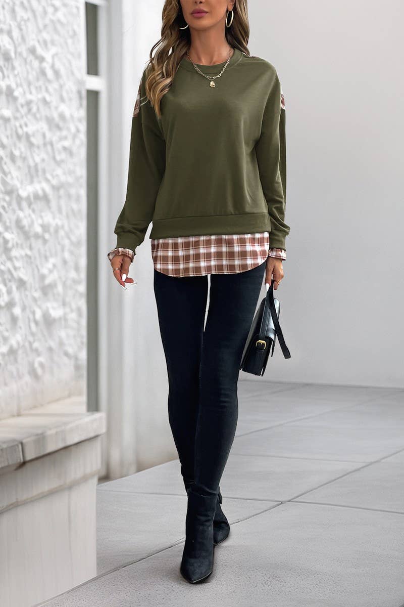 CWTBLL4053_PLAID PATCHWORK LIGHTWEIGHT CREWNECK SWEATSHIRT