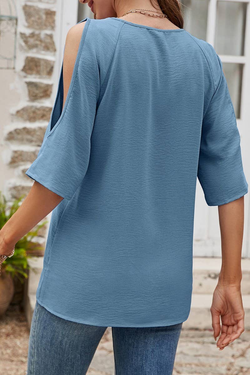 CWTBLS0365_Round neck  Short Sleeve Blouse